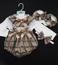 Load image into Gallery viewer, Caramel Tartan Pinafore Bloomer Outfit Newborn -24 months