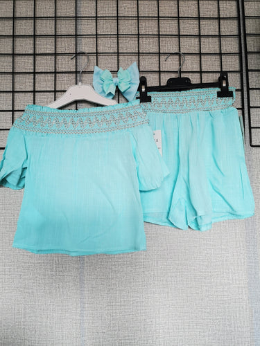 Aqua Smocked Short 3 piece Outfit 2y-14 years TRUE SIZE ( Ready to Post)