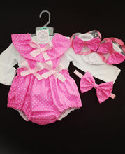 Load image into Gallery viewer, Dotty Pinafore Bloomer 4 piece Outfit Newborn -24 months