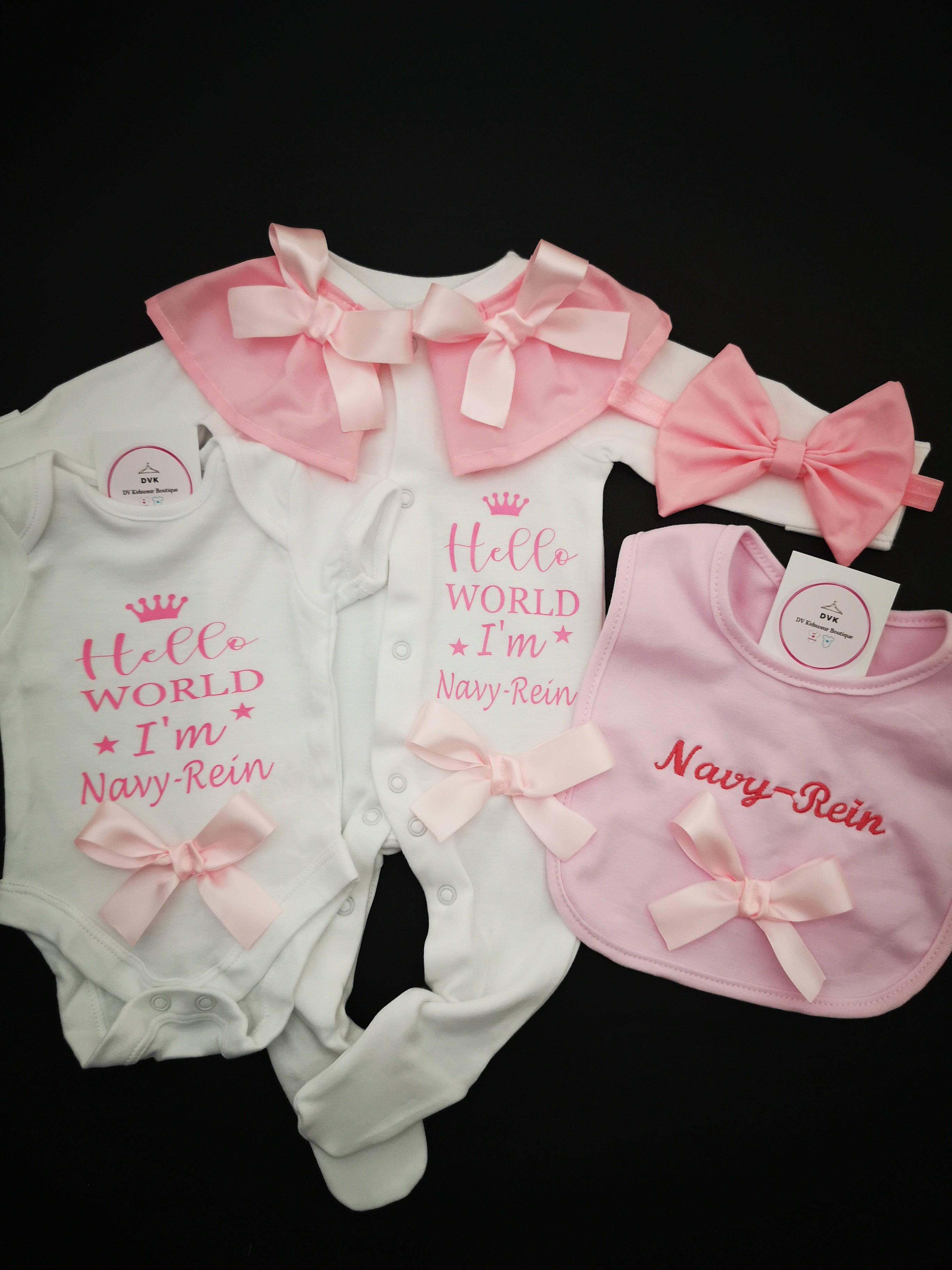 Baby Set 4 piece Outfit/CREATE your own text on Sleepsuit and Bodysuit /Bib only child name Newborn - 12 months