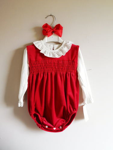 Red Smocked Velour Romper 3 piece Outfit 6-9m/24-30 months TRUE Size Ready to Post