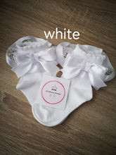 Load image into Gallery viewer, Frilly White Lace Satin Bow Ankle Sock 0m - 13 years