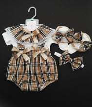 Load image into Gallery viewer, Caramel Tartan Pinafore Bloomer Outfit Newborn -24 months
