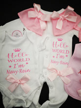 Load image into Gallery viewer, Baby Set 4 piece Outfit/CREATE your own text on Sleepsuit and Bodysuit /Bib only child name Newborn - 12 months