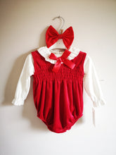 Load image into Gallery viewer, Red Smocked Velour Romper 3 piece Outfit 6-9m/24-30 months TRUE Size Ready to Post