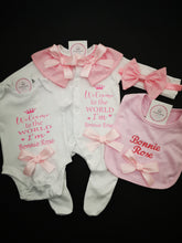 Load image into Gallery viewer, Baby Set 4 piece Outfit/CREATE your own text on Sleepsuit and Bodysuit /Bib only child name Newborn - 12 months