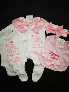 Baby Set 4 piece Outfit/CREATE your own text on Sleepsuit and Bodysuit /Bib only child name Newborn - 12 months