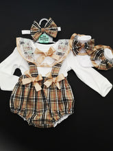 Load image into Gallery viewer, Caramel Tartan Pinafore Bloomer Outfit Newborn -24 months