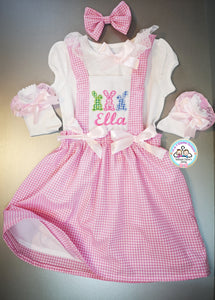 Gingham Three Bunnies Dress Outfit Newborn - 10 years