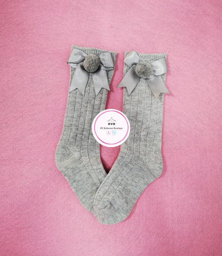 Grey Pompom Bow Knee Sock READY TO POST