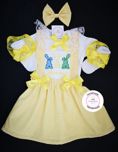 Gingham Three Bunnies Dress Outfit Newborn - 10 years