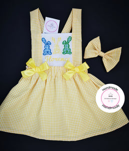 Gingham Three Bunnies Dress Outfit Newborn - 10 years