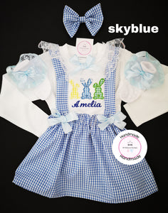 Gingham Three Bunnies Dress Outfit Newborn - 10 years