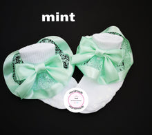 Load image into Gallery viewer, Frilly Lace Satin Bow Sock 0m - 13 years