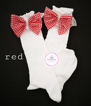 Load image into Gallery viewer, Gingham Lace Knee Bow Sock