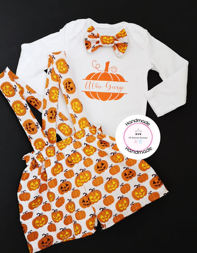 Spooky Pumpkin Dungaree Personalised Whole Outfit Newborn - 5 years